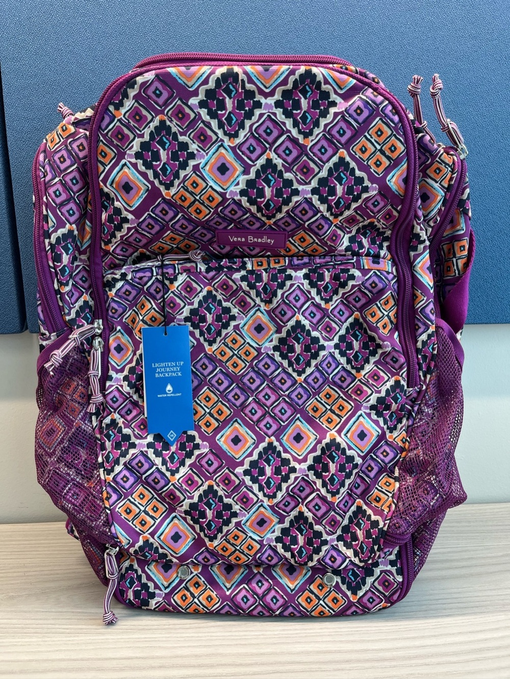 Vera Bradley Lighten Up Journey Backpack in the Purple Dream Diamonds Print